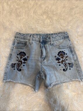 Light Blue Embroidered Denim Shorts - Women